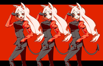 armband black_bars bottomwear breasts clothing eyebrows female gloves group hair hand_on_face hand_on_hip handwear long_hair looking_at_viewer open_mouth pants pose red_background red_eyes shirt simple_background smile spade_tail standing tail teeth tongue tongue_out topwear vest white_body white_eyebrows white_hair white_skin jinkou-kuu helltaker cerberus_(helltaker) animal_humanoid canid canid_humanoid canine canine_humanoid demon demon_humanoid dog_humanoid humanoid mammal mammal_humanoid absurd_res hi_res