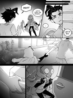 aged_up ahoge antennae_(anatomy) bald black_hair boots bruised bruised_neck clothed clothing dialogue footwear group hair male not_furry police police_officer raining sharp_teeth shoes speech_bubble surprised teeth text inimoose invader_zim nickelodeon dib_membrane zim_(invader_zim) alien alien_humanoid human humanoid irken mammal comic digital_media_(artwork) english_text hi_res monochrome