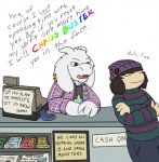 ambiguous_gender anthro brown_hair clothing duo ear_piercing fur hair horn male parody piercing red_eyes simple_background text white_background white_body white_fur bebetterbop clerks_(movie) undertale undertale_(series) asriel_dreemurr frisk_(undertale) boss_monster_(undertale) bovid caprine goat human mammal 2015 english_text