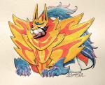 ambiguous_gender blue_body blue_fur feral fur glowing glowing_eyes multicolored_body sharp_teeth simple_background solo teeth taragraphika nintendo pokemon canid crowned_shield_zamazenta generation_8_pokemon legendary_pokemon mammal pokemon_(species) zamazenta 2019 painting_(artwork) signature traditional_media_(artwork) watercolor_(artwork)