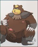 anthro balls black_nose brown_body erection genitals humanoid_genitalia humanoid_penis male navel nipples penis simple_background sitting slightly_chubby solo ragnadope nintendo pokemon pokemon_legends_arceus bear generation_8_pokemon mammal pokemon_(species) ursaluna 2022 hi_res