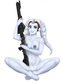 areola biped blue_eyes bottomless breasts clothed clothing collarbone dc-15_blaster_rifle eyebrows eyelashes feet female female_humanoid front_view genitals gun lekku_(anatomy) navel nipples not_furry ranged_weapon rifle sitting smooth_skin solo vulva weapon white_body white_skin chrismartinn star_wars valera_shadowpaw alien alien_humanoid humanoid twi'lek hi_res