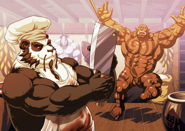 abs anthro apron balls barazoku biceps big_muscles blood bodily_fluids brown_body brown_eyes brown_fur cleaver_(knife) clothing cooking cutlery duo ear_piercing fangs flaccid food fur genitals gore imminent_death kitchen_knife kitchen_utensils knife male muscular muscular_male nipples nude open_mouth pecs penis piercing raised_arm teeth tools vein zelo_lee blizzard_entertainment warcraft garrosh_hellscream bear draenei humanoid mammal orc pandaren