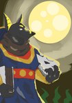 anthro black_body black_fur blue_eyes book clothing fur gold_markings male markings smile solo golly_gaggle_(artist) adastra adastra_(series) echo_project neferu_(adastra) anubian_jackal canid canine canis jackal mammal 2022