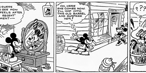 anthro barrel bottomwear building chair clothed clothing dialogue duo eyelashes female flower footwear furniture gloves group half-closed_eyes handwear hat headgear headwear high_heels inside jumping male mirror motion_lines narrowed_eyes open_mouth outside pants plant question_mark shoes standing tail text walking earl_duvall floyd_gottfredson disney public_domain mickey_mouse minnie_mouse mammal mouse murid murine rodent 1930 20th_century absurd_res ancient_art black_and_white comic dated english_text hi_res long_image monochrome wide_image