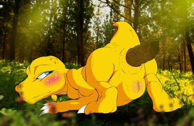 all_fours anus biped blinking blue_eyes blush butt claws crowning_feces fart feces feces_in_ass forest forest_background looking_at_another looking_back male nude plant presenting presenting_feces presenting_hindquarters scales scatplay short_tail solo tail tail_motion tree yellow_body yellow_scales thecapedmanlloyd bandai_namco digimon agumon digimon_(species) animated hi_res high_framerate short_playtime sound video