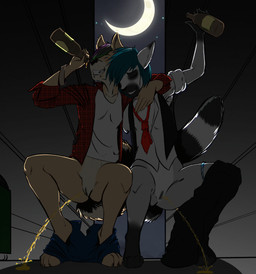 andromorph andromorph/andromorph anthro bodily_fluids bottomless clothed clothing drunk duo female female_peeing genital_fluids genitals humanoid_genitalia humanoid_vulva intersex intersex/intersex peeing peeing_together public substance_intoxication urine urine_stream vaginal vulva watersports spicedevil_(artist) canid canine canis mammal procyonid raccoon 2d_animation animated frame_by_frame