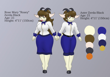 anthro bottomwear bow_(feature) brown_eyes brown_hair button_(fastener) clothed clothed_anthro clothed_female clothed_male clothing color_swatch countershade_tail countershading duo eyewear facial_markings female femboy fur glasses hair head_markings hooves horn lipstick long_hair makeup male male/female markings mask_(marking) pants red_lipstick shirt simple_background skirt tail tan_body tan_fur text topwear wearing_glasses zibdan aster_zerda-black rosey_zerda_black bovid caprine goat mammal hi_res model_sheet brother_(lore) brother_and_sister_(lore) sibling_(lore) sister_(lore) twins_(lore)