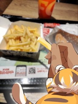 3_fingers ambiguous_gender beverage burger chibi dark_body dark_skin duo female feral fingers food fries fur hair holding_food holding_object multicolored_body multicolored_fur rear_view size_difference smaller_female white_body white_fur aspirindabaitu arknights hypergryph studio_montagne waai_fu_(arknights) felid human mammal pantherine tiger digital_media_(artwork) hi_res
