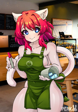 apron apron_only breasts cat_tail clothing container cup female fur hair holding_container holding_cup holding_object ice inner_ear_fluff marker navel_outline photo_background pointy_ears prick_ears red_hair red_marker side_boob solo tuft peakedcomedy_(artist) starbucks ruby_(royal_uyen) domestic_cat felid feline felis humanoid mammal mixed_media photography_(artwork)
