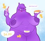 abstract_background anthro areola blush breasts dialogue eyelashes female food looking_at_viewer markings mascot mole_(marking) nipples nude nugget obese overweight solo text kaboozey grimace_shake mcdonald's grimace_(mcdonald's) 2023 english_text meme