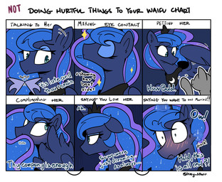 ambiguous_gender armor blue_body blue_eyes blue_fur blue_hair blush chart crown dialogue duo eyelashes female feral fur hair headgear horn petting pinch pinching_self romantic smile text wings icey_(artist) friendship_is_magic hasbro my_little_pony mythology waifu_chart anon princess_luna_(mlp) equid equine mammal mythological_creature mythological_equine winged_unicorn 2024 absurd_res english_text hi_res meme