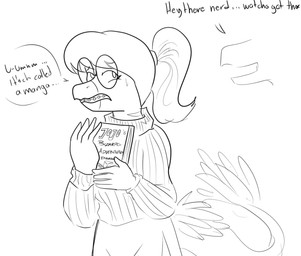 5_fingers anthro braces clothing dialogue duo eyelashes eyewear feathered_tail feathers female fingers glasses hair long_tail manga_(object) nerd ponytail round_glasses snout sweater tail text topwear arsenic_iii cavemanon_studios diamond_is_unbreakable jojo's_bizarre_adventure snoot_game pepper_(snoot_game) dinosaur dromaeosaurid feathered_dinosaur feathered_scalie microraptor prehistoric_species reptile saurischian scalie theropod 2024 english_text hi_res monochrome