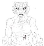 abs angry anthro bared_teeth blood blood_on_face bodily_fluids bottomwear breasts clothing female looking_at_viewer muscular nosebleed number solo topwear torn_clothing wounded retbriar dreamworks kung_fu_panda master_tigress felid mammal pantherine tiger 2024 hi_res sketch