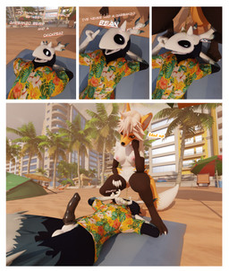 anthro beach black_body black_fur bodily_fluids bone bottomless breasts butt clothed clothing crouching dialogue duo erection female fur genital_fluids genitals hair humor joke looking_at_viewer male male/female nipples nude open_mouth outside peeing peeing_on_another penis pun sand shirt skull skull_head sky tail text topwear urine urine_on_face urine_stream vulva watersports the_texorcist american_mythology indigenous_north_american_mythology mythology north_american_mythology chimney_(the_texorcist) tex_(the_texorcist) bovid canid canine caprine fox mammal monster wendigo 3d_(artwork) absurd_res comic digital_media_(artwork) english_text hi_res