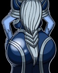 armor big_butt black_background blue_body blue_skin butt female grey_hair hair not_furry pose simple_background solo canastus league_of_legends riot_games tencent lissandra_(lol) humanoid 4:5 pinup