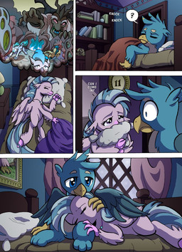 beak bed blue_body blue_eyes blue_feathers blue_fur blue_hair blue_tail bodily_fluids bookshelf comforting crying daww dialogue dream duo eye_contact feathers female feral fur furniture hair hand_on_head hand_on_leg headpat holding_head hug hugging_object hugging_pillow knocking lidded_eyes looking_at_another male male/female mount_aris nightmare on_bed petting pillow pink_body pink_feathers pink_fur purple_eyes question_mark sleeping tail tears text window young tarkron european_mythology friendship_is_magic greek_mythology hasbro my_little_pony my_little_pony:_the_movie_(2017) mythology gallus_(mlp) silverstream_(mlp) storm_king_(mlp) avian gryphon hippogriff mythological_avian mythological_creature 2020 comic digital_media_(artwork) english_text hi_res