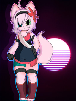 anthro blush bottomwear breasts clothing female flower fur green_eyes hair kemono kerchief pink_body pink_fur plant pose scarf skirt solo stripes sun synthwave thick_thighs vector kur0sagi_(artist) nova_(changemylife99) canid canine fox mammal 2020 absurd_res digital_media_(artwork) hi_res