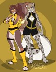 5_fingers anthro breasts clothed clothing duo eyebrows eyelashes female fingers leotard smile yellow_eyes kittydee alexandra_(baronvondrachen) jenny_(ashkelling) felid leopard mammal pantherine rodent sciurid tree_squirrel 2023 digital_media_(artwork) hi_res