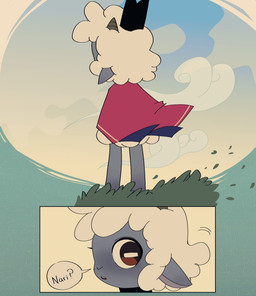 ambiguous_anthro ambiguous_gender anthro cloud dialogue fur grass plant sky speech_bubble standing text white_body white_fur white_wool wool_(fur) xamsdy cult_of_the_lamb massive_monster_(studio) lamb_(cult_of_the_lamb) bovid caprine mammal sheep 2026 comic digital_drawing_(artwork) digital_media_(artwork) english_text hi_res