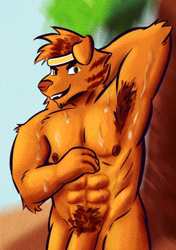 abs accessory anthro armpit_hair athletic athletic_anthro athletic_male bodily_fluids body_hair filipino genitals hand_behind_head headband headband_only looking_at_viewer male male/male muscular muscular_anthro muscular_male musk nipples pecs penis philippines pits pubes smile solo sweat sweatdrop morciver revicrom dreamworks forgotten_island raww_(forgotten_island) canid canine mammal werecanid werecanine werecreature weredog absurd_res hi_res