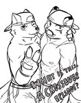 abs anthro biceps blush bottomwear clothing duo facial_scar fingerless_gloves gloves hair handwear hat headgear headwear male muscular muscular_anthro muscular_male nipples one_eye_closed pants pecs scar shirtless_male simple_background standing white_background wink northwoooof mech_(northwoooof) regnar_(northwooof) canid canine canis cougar felid feline mammal wolf hi_res