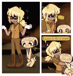 aged_down anthro blonde_hair blurred_background blush bodily_fluids boots bottomwear brown_bottomwear brown_clothing brown_eyes brown_pants brown_shirt brown_skirt brown_topwear cephalopod_shell clothing comic_panel covering covering_crotch dialogue dinosaur_tail directional_arrow duo eyelashes female female/female footwear gloves grabbing_another hair handwear in_heat laugh long_eyelashes mollusk_shell name_tag pants ponytail screencap screencap_background shell shirt shoelaces shoes size_difference skirt smile speech_bubble spikes spiral spiral_eyes sweat sweatdrop tan_body text topwear tucked_tail uncomfortable vest walking_away white_clothing white_gloves white_handwear young anomalousfeast blushcrunch_studio dandy's_world roblox shannon_mendez_(dandy's_world) shelly_(dandy's_world) ammonite cephalopod human humanoid mammal marine mollusk prehistoric_species toon_(dandy's_world) 2025 colored comic digital_media_(artwork) english_text hi_res