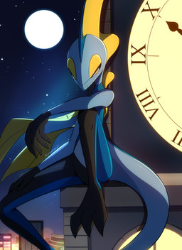 3_toes ambiguous_gender anthro blue_body cape city clock clothing feet fingers full_moon gloves handwear long_tail moon night outside sitting solo tail toes yellow_eyes zymonasyh nintendo pokemon generation_8_pokemon inteleon pokemon_(species) 2022 digital_media_(artwork) hi_res signature