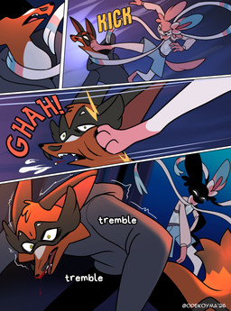 anthro blood blood_from_mouth blood_in_mouth blood_on_face blue_eyes bodily_fluids clothing dialogue duo glowing glowing_eyes hoodie kick male open_mouth shaking speech_bubble text topwear trembling yellow_eyes odeko-yma nintendo pokemon pokemon_mystery_dungeon spike_chunsoft pix_(odeko-yma) eeveelution generation_6_pokemon generation_8_pokemon pokemon_(species) sylveon thievul 2026 absurd_res comic digital_media_(artwork) english_text hi_res signature