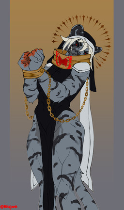anthro arrow_(weapon) bdsm black_clothing black_sclera blood bodily_fluids bondage bound breasts chain chained clothed clothing collar cuff_(restraint) female fur gold_(metal) grey_body grey_fur hair halo hands_tied looking_at_viewer muscular muscular_anthro muscular_female nun ranged_weapon red_eyes religious_clothing restraints shackles simple_background solo standing striped_body striped_fur stripes tail teeth weapon white_hair milajanh felid mammal pantherine tiger absurd_res hi_res