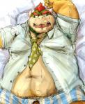 anthro barazoku barely_visible_genitalia barely_visible_penis bed bodily_fluids boxers_(clothing) breathing clothed clothing dakimakura eyewear front_gap_boxers front_view furniture genitals glasses hair horn kemono lying male muscular muscular_anthro muscular_male navel necktie obese obese_anthro obese_male on_back open_clothing open_shirt open_topwear overweight overweight_anthro overweight_male penis red_hair shirt solo steam sweat topwear underwear kotobuki mario_bros nintendo bowser koopa scalie 2015 dakimakura_design hi_res