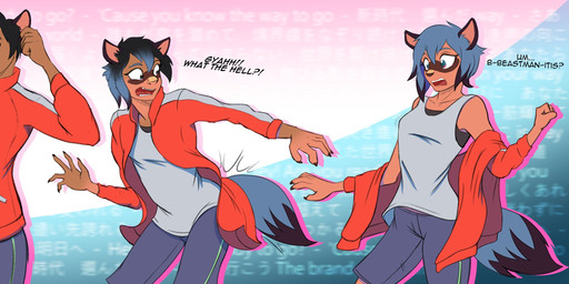 anthro base_one_layout basic_sequence black_hair blue_hair bottomwear breast_growth breasts claws clothing dark_body dark_skin dialogue female gender_transformation growth hair human_to_anthro jacket linear_sequence looking_back male motion_lines mtf_transformation one_row_layout oversized_clothing pants shirt snout snout_growth solo species_transformation tail tail_growth tank_top text tf_into_fictional_character three_frame_image three_frame_sequence topwear transformation transformation_sequence tf-sential brand_new_animal studio_trigger michiru_kagemori canid canine human mammal raccoon_dog tanuki 2020 english_text hi_res sequence