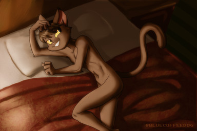 4_fingers anthro bed bed_sheet bedding bite biting_lip biting_own_lip black_eyes brown_body brown_fur brown_hair claws detailed_background finger_claws fingers fur furniture grin hair long_tail looking_back lying lying_on_bed male male_anthro monotone_body monotone_fur monotone_hair nude nude_anthro nude_male on_bed on_side pillow pink_inner_ear pink_nose pose self_bite short_hair slim slim_anthro slim_male smile solo tail tasteful_nudity white_claws yellow_sclera bluecoffeedog lackadaisy reuben_pepper domestic_cat felid feline felis mammal 3:2 english_description pinup portrait shaded three-quarter_portrait