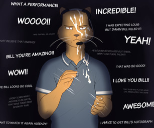 anthro bodily_fluids clapping cum cum_on_face cumshot cumshot_on_face ejaculation genital_fluids male solo text tanukichaos beastars bill_(beastars) kai_(beastars) herpestid mammal mongoose absurd_res english_text hi_res