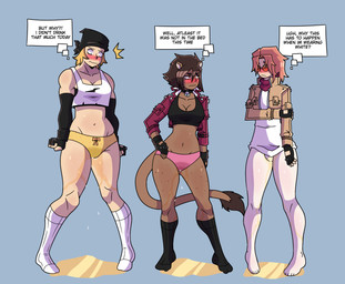 blonde_hair blush blush_lines bodily_fluids breasts brown_hair clothing crotch_lines dark_body dark_skin embarrassed female female/female freckled_breasts freckled_legs freckled_thighs freckles genital_fluids group hair humiliation legwear muscular muscular_female omorashi orange_hair panties pantyhose peeing text tomboy trio tuft underwear urine wetting sikathegoodboy fan_character shiba_(sikathegoodboy) felid human humanoid lion mammal pantherine english_text hi_res trans_(lore) trans_woman_(lore)