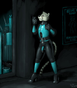 anthro bodysuit boots city clothing collar corset cyberpunk ear_piercing electronics femboy feminization footwear future genitals high_heeled_boots high_heels latex lingerie male penis phone piercing science_fiction shoes skinsuit solo tight_clothing topwear urban window suule cheetah felid feline mammal story