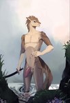 anthro balls flaccid fur genitals glans looking_around male melee_weapon nature nature_background nude partially_submerged penis solo standing_in_water sword tapering_glans water weapon boziee mackswell sergal animated short_playtime