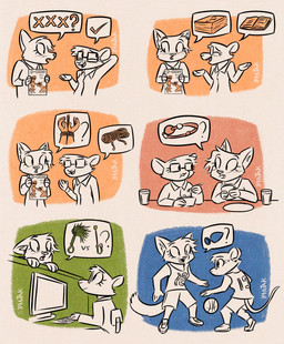 anthro ball ball_gag basketball_(ball) bdsm bondage bound buttplug chair clothing collared_shirt computer_keyboard computer_monitor container cup drinking_glass duo eating eating_food eyewear female female/female food furniture gag glass glass_container glass_cup glasses holding_fork humanoid_hands office_chair plug_(sex_toy) rectangular_glasses restraints riding_crop rope rope_bondage rope_harness sandwich_(food) sex_toy shirt speech_bubble talking_to_another topwear wearing_glasses whip yantak felid feline mammal rodent 2026 comic digital_drawing_(artwork) digital_media_(artwork) english_description hi_res