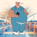 anthro beard belly big_belly bottomwear chubby_cheeks clothing dialogue facial_hair male medical_instrument nurse open_mouth overweight overweight_male pants real scientific_instrument shirt solo text topwear grounhounse mammal mouse murid murine rodent 1:1 2024 english_text hi_res