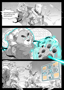 ahoge all_fours anthro binary_code butt clothing dialogue gesture glowing glowing_eyes group hacking hair humor jacket lying machine male on_back pawpads presenting presenting_hindquarters raised_leg text topwear kumahachi capcom pragmata hugh_williams_(pragmata) bear human mammal robot comic english_text hi_res