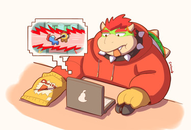 3_fingers anthro chips_(food) clothing collar computer computer_mouse eating electronics eyebrows fingers food gaming hair hoodie horn laptop male playing_video_game red_hair shell solo speech_bubble spiked_collar spiked_shell spikes spikes_(anatomy) teeth teeth_showing thick_eyebrows topwear strauburi among_us innersloth mario_bros nintendo blue_(among_us) bowser crewmate_(among_us) gold_(among_us) impostor_(among_us) mario alien humanoid koopa reptile scalie crossover hi_res pictographics signature