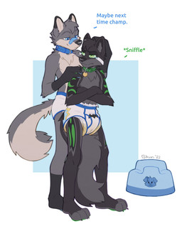 4_toes ambiguous_gender anthro band-aid band-aid_on_face band-aid_on_nose bandage bandage_on_face bandage_on_nose black_body black_ear_tips black_fur black_inner_ear black_nose black_tail blue_band-aid blue_collar bodily_fluids claws clothed clothing collar crossed_arms crying diaper diaper_under_clothing diaper_under_underwear dipstick_ears duo ear_markings facial_markings feet finger_claws frown fur genital_fluids gloves_(marking) green_body green_collar green_fur green_markings green_sclera grey_body grey_fur grey_inner_ear_fluff grey_tail half-closed_eyes head_markings inner_ear_fluff leg_markings looking_at_another looking_back looking_back_at_another looking_down looking_down_at_another looking_up looking_up_at_another markings multicolored_body multicolored_ears multicolored_fur narrowed_eyes potty potty_training scratching_head simple_background smile socks_(marking) standing tail tail_between_legs tan_body tan_fur tan_inner_ear_fluff tan_tail tears toe_claws toeless_(marking) toes topless topless_anthro tuft two_tone_tail unclean_diaper underwear urine used_diaper wearing_diaper wet_diaper white_body white_fur foxehhyz batman_(series) dc_comics gnar_(padded_wolf) pakun canid canine canis mammal wolf 2022 absurd_res hi_res signature male_(lore)