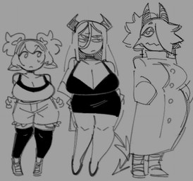 2_horns 4_eyes big_breasts black_clothing black_dress black_legwear black_topwear bottomwear breasts cleavage clothed clothing coat cross dress female footwear front_view frown grey_background group hair hair_over_eye hand_in_pocket hands_on_hips horn huge_breasts humanoid_pointy_ears inverted_cross inverted_cross_ear_piercing inverted_cross_piercing legwear lidded_eyes looking_aside mouth_closed multi_eye narrowed_eyes one_eye_obstructed pivoted_ears pockets pointy_ears shorts simple_background spade_tail standing tail tied_hair topwear trio rekkadraws eris_(rekkadraws) goblin_girl_(rekkadraws) marxi_(rekkadraws) demon demon_humanoid goblin horned_humanoid humanoid 2023 digital_drawing_(artwork) digital_media_(artwork) full-length_portrait greyscale monochrome portrait
