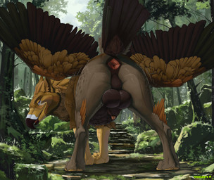 animal_genitalia anus balls beak bedroom_eyes big_anus big_balls blue_eyes brown_body brown_feathers butt claws curved_beak feathered_wings feathers feral forest genitals looking_at_viewer looking_back looking_back_at_viewer male narrowed_eyes nature pawpads penis penis_tip perineum plant presenting presenting_hindquarters seductive sheath solo tail tail_feathers toe_claws tree wings truegrave9 mythology threis avian gryphon mythological_avian mythological_creature hi_res