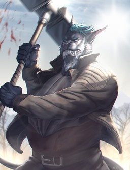 5_fingers angry anthro armor battle beard belly blood blue_eyes blue_hair bodily_fluids claws clothed clothing facial_hair fangs fighting_pose fingers grey_body hair hammer jacket leather leather_clothing leather_jacket leather_topwear light looking_at_viewer male maul plant pose solo sun sunlight teeth tools topwear tree weapon kirchen ghorah_(hexo)_khar acrador canid canine canis jackal mammal 2022 hi_res lighting
