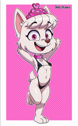 3_toes anthro bikini breasts clothing collar crown feet female fur hair headgear open_mouth pink_eyes solo swimwear tail tiara toes two-piece_swimsuit white_body white_fur white_hair young young_anthro young_female stresstoon paw_patrol sweetie_(paw_patrol) canid canine canis domestic_dog hunting_dog mammal terrier west_highland_white_terrier 2025 hi_res