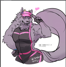 anthro big_butt butt clothing fur hat headgear headwear heart_symbol horn male muscular muscular_anthro muscular_male pecs pose purple_body purple_fur solo text visor_cap wetsuit tyabo6 lifewonders tokyo_afterschool_summoners bathym_(tas) canid canine canis demon mammal wolf japanese_text