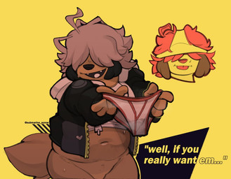 anthro belly black_nose bodily_fluids bottomless bottomwear briefs clothed clothing colored_seam_underwear cute_fangs dialogue fangs floppy_ears fluffy fluffy_tail fur hoodie jacket male navel open_mouth red_seam_underwear shaggy_hair simple_background slightly_chubby solo sweat tail tan_body teeth text tighty_whities topwear underwear underwear_on_head white_briefs white_clothing white_underwear yellow_background submarine_screw robin_(submarine_screw) canid canine canis domestic_dog herding_dog mammal pastoral_dog sheepdog english_text