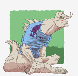 abstract_background albino ambiguous_gender claws clothing cuneiform_text finger_claws horn looking_aside red_sclera scales shirt simple_background sitting solo spikes spikes_(anatomy) sportswear tail text toe_claws topwear white_body white_scales ribbajack fallout manchester_city microsoft puma_(company) goris_(fallout) deathclaw humanoid scalie artist_name constructed_language dovahzul_text fictional_language hi_res male_(lore)