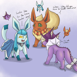 accessory ambiguous_gender blue_body body_swap bow_(feature) bow_accessory bow_ribbon cape cape_only clothing cute_fangs dialogue fangs feral front_view fur furgonomics green_sclera group looking_away mostly_nude multicolored_body name_drop name_in_dialogue nude open_mouth orange_body orange_fur purple_background purple_body quadruped ribbons scarf scarf_only side_view simple_background standing tail tail_accessory tail_bow tail_ribbon teeth text trio two_tone_body visible_self white_eyes yellow_sclera aztepyeen nintendo pokemon alister_(flareonmystic) fan_character lennox_(flareonmystic) wren_(flareonmystic) eeveelution flareon generation_1_pokemon generation_4_pokemon glaceon pokemon_(species) shiny_pokemon vaporeon 1:1 2022 absurd_res english_text hi_res female_(lore) male_(lore)